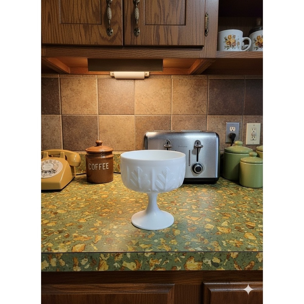 Vintage FTD 1978 Milk Glass White Pedestal Goblet Vase Planter Oak Leaf Pattern